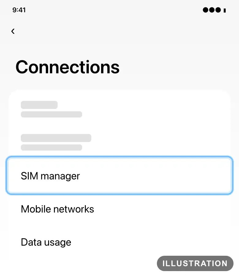 Illustration of the Samsung Galaxy Connections settings with SIM manager ringed