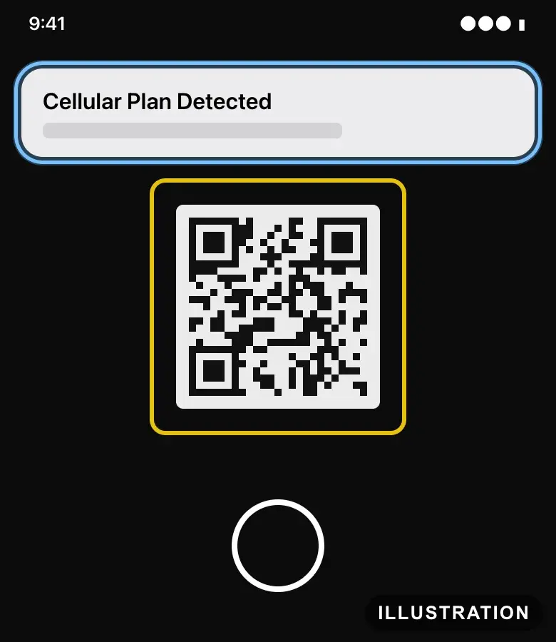 Illustration of the iPhone Camera pointed at a QR code, with the Cellular Plan Detected notification ringed