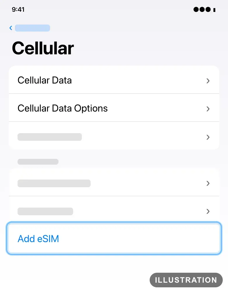 Illustration of the iPhone Cellular settings with Add eSIM ringed
