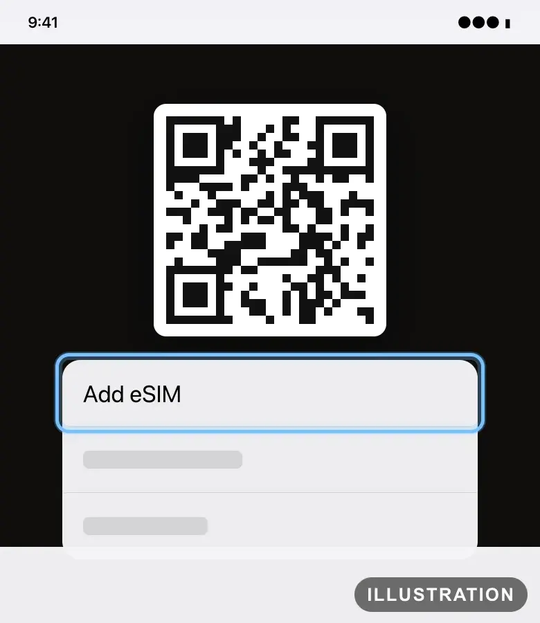 Illustration of your eSIM email open on an iPhone, with the QR code held down and Add eSIM ringed in the menu