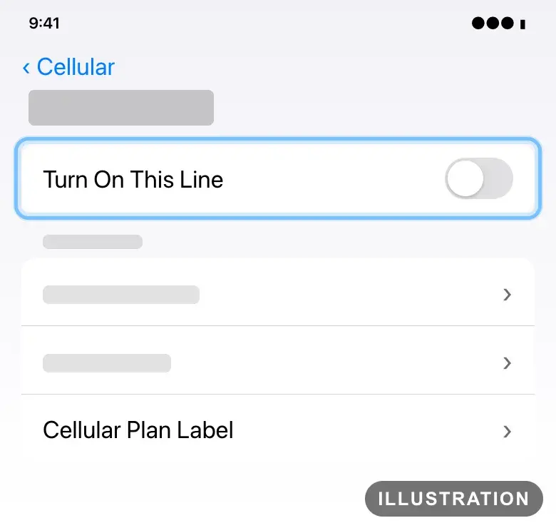 Illustration of the settings page for one iPhone cellular line, with the Turn On This Line switch ringed