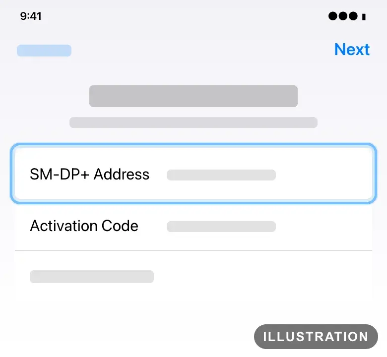 Illustration of the iPhone screen for entering eSIM details by hand, with the SM-DP+ Address field ringed