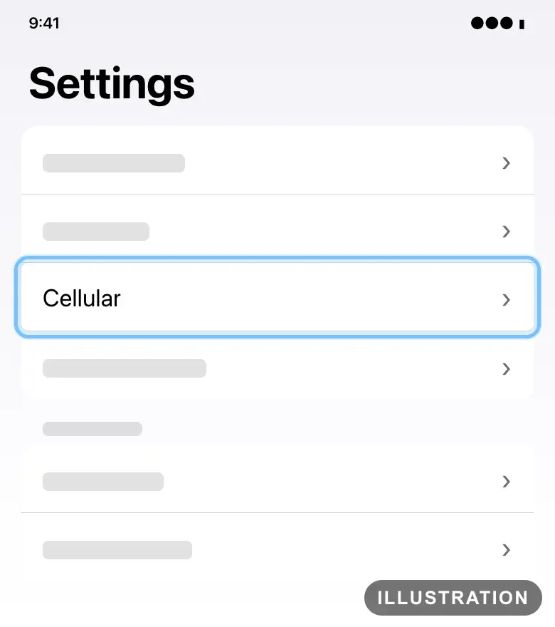 Illustration of iPhone Settings with Cellular ringed