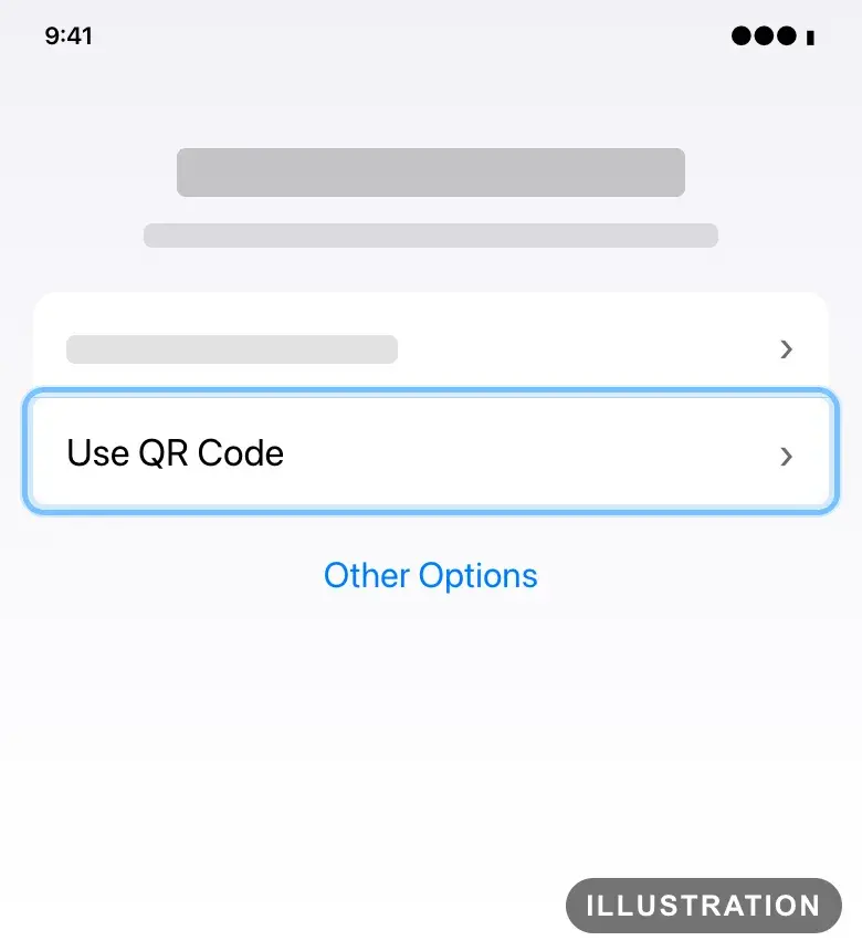 Illustration of the iPhone eSIM set-up options with Use QR Code ringed