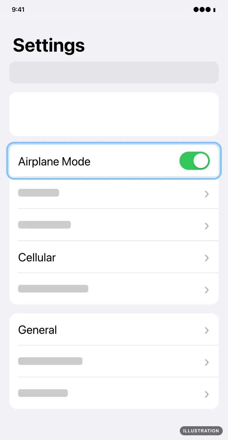 Illustration of the iPhone Settings app with the Airplane Mode switch turned on and ringed