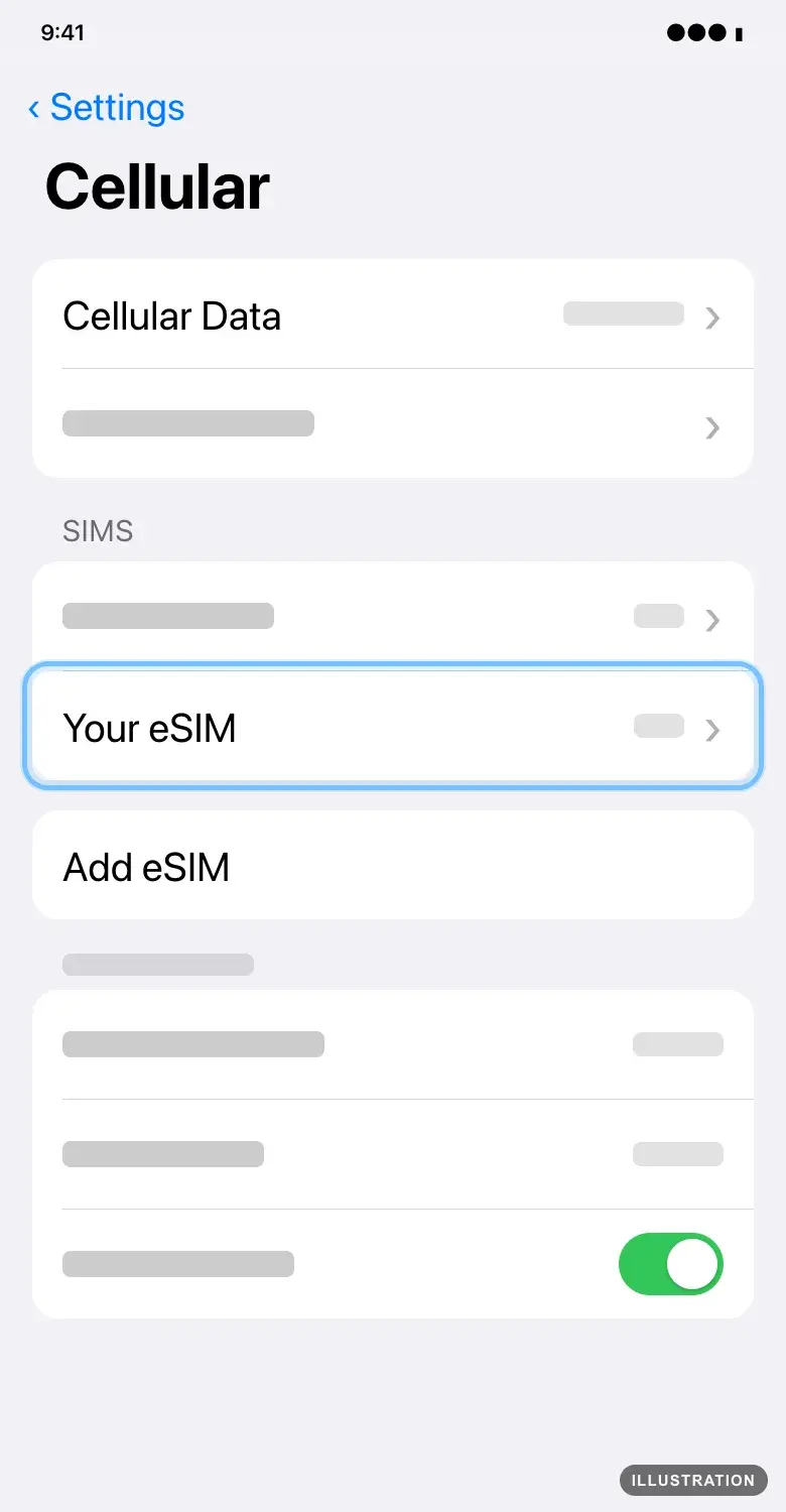 Illustration of the iPhone Cellular screen with the eSIM line under SIMs ringed
