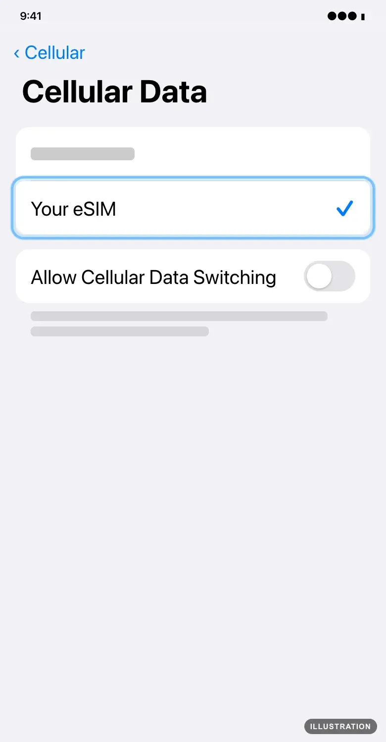 Illustration of the iPhone Cellular Data screen with the eSIM line ticked and ringed