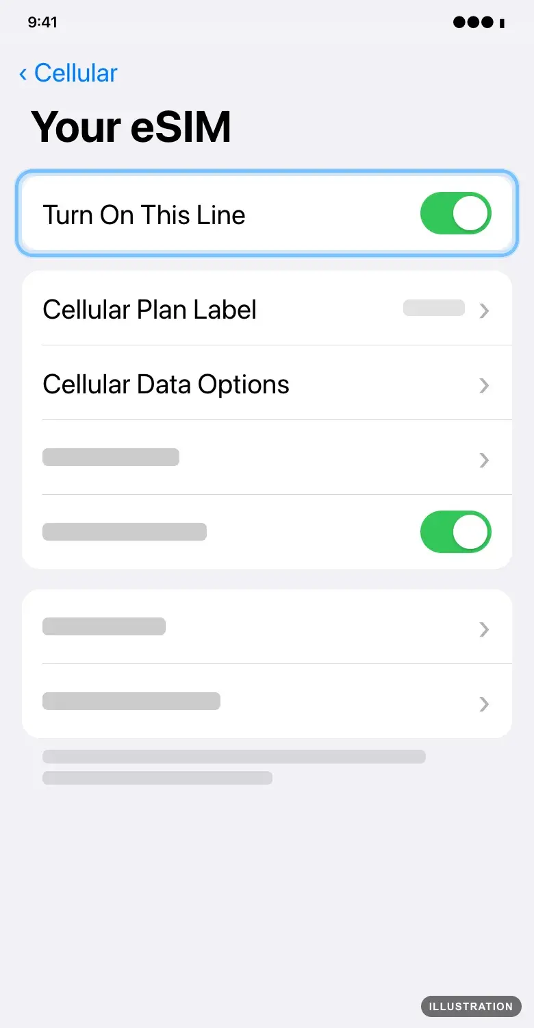 Illustration of the iPhone eSIM line screen with the Turn On This Line switch ringed