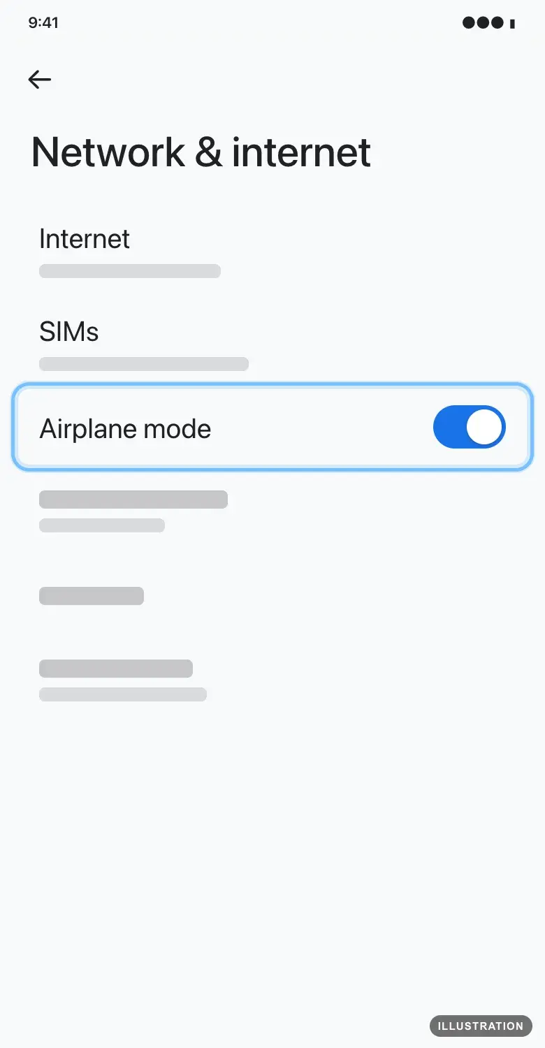 Illustration of the Pixel Network & internet screen with the Airplane mode switch turned on and ringed