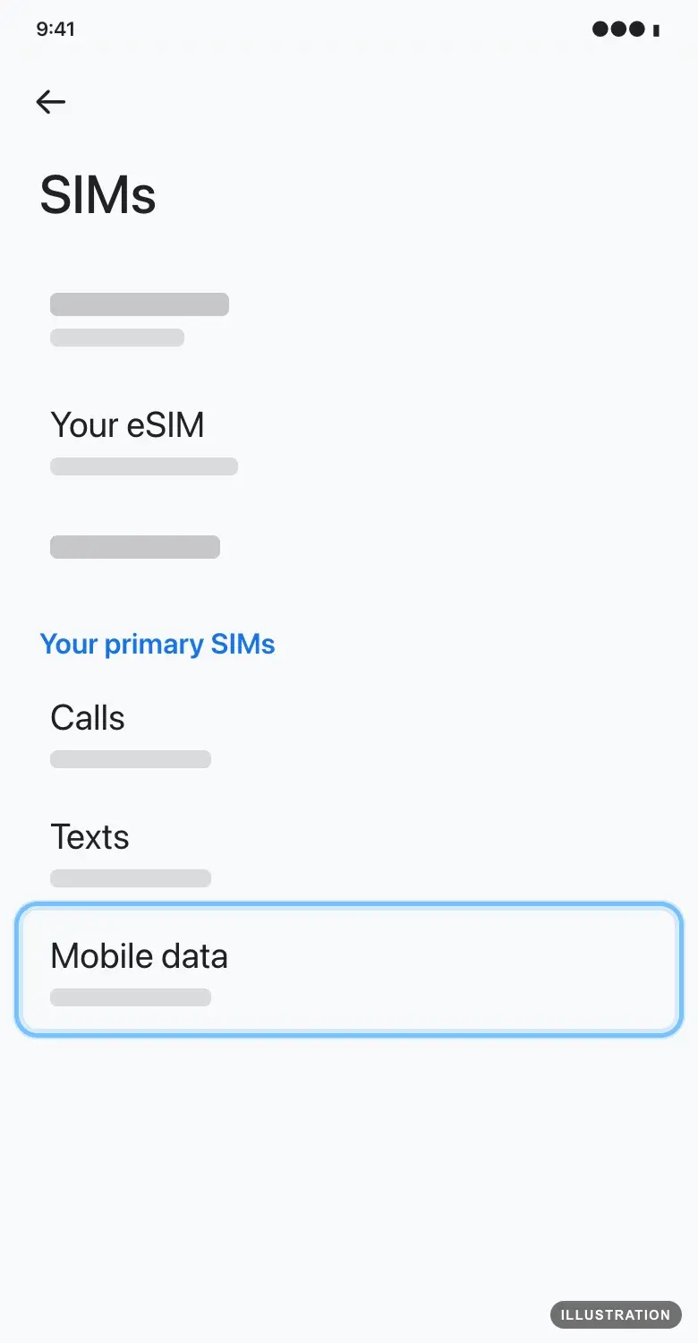 Illustration of the Pixel SIMs screen with Mobile data under Your primary SIMs ringed