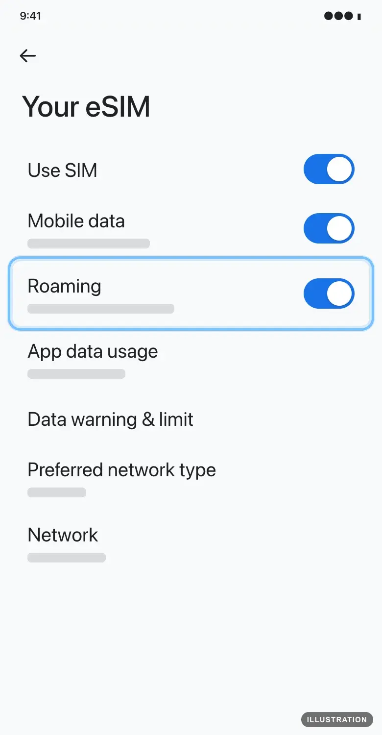 Illustration of the Pixel eSIM settings with the Roaming switch ringed