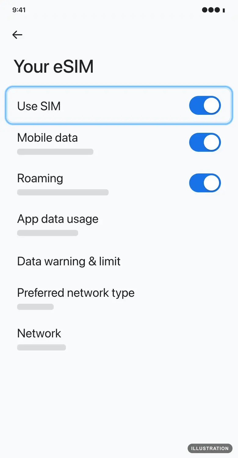 Illustration of the Pixel eSIM settings with the Use SIM switch ringed