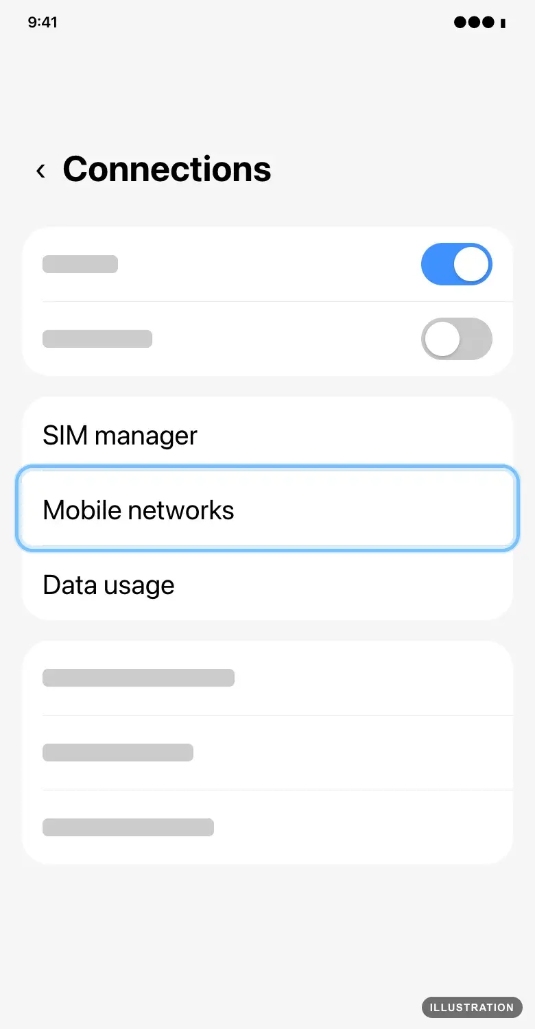 Illustration of the Samsung Galaxy Connections screen with Mobile networks ringed