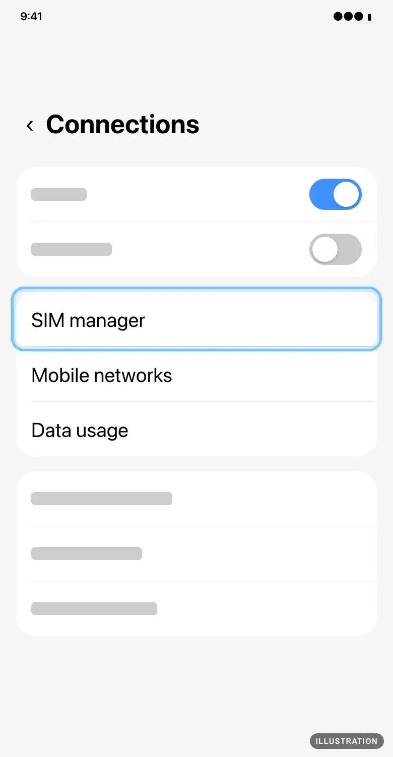 Illustration of the Samsung Galaxy Connections screen with SIM manager ringed