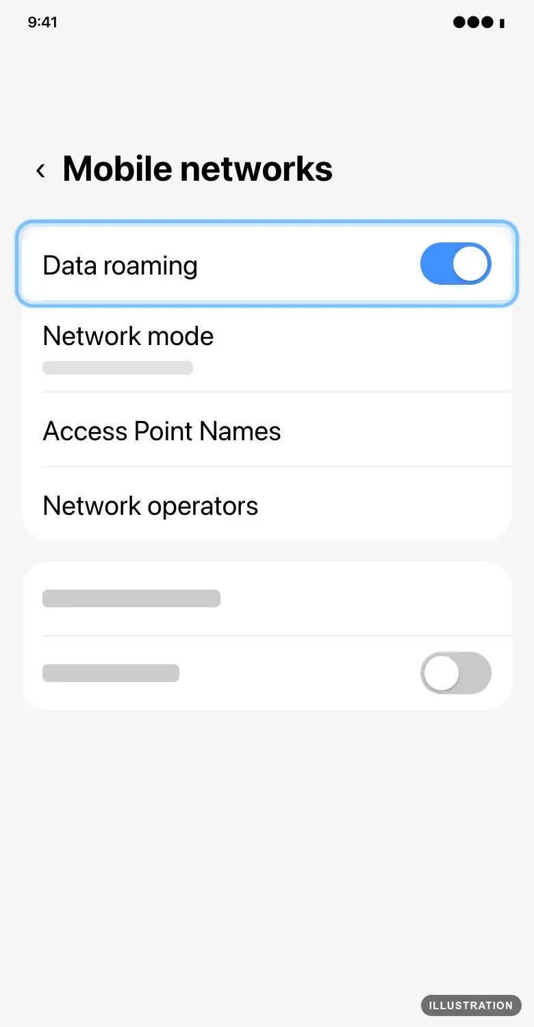 Illustration of the Samsung Galaxy Mobile networks screen with the Data roaming switch ringed