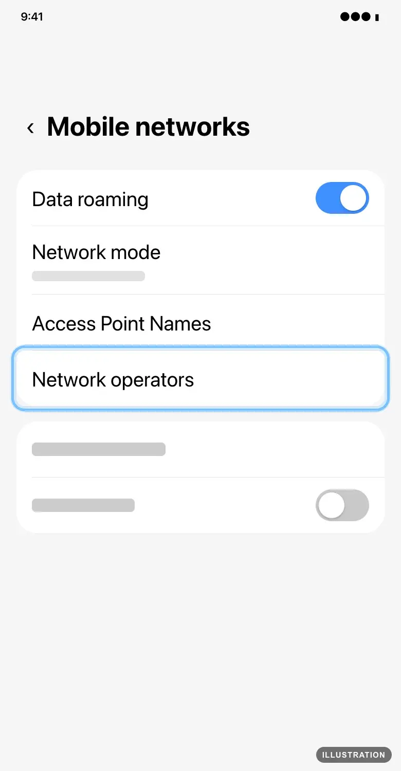 Illustration of the Samsung Galaxy Mobile networks screen with Network operators ringed