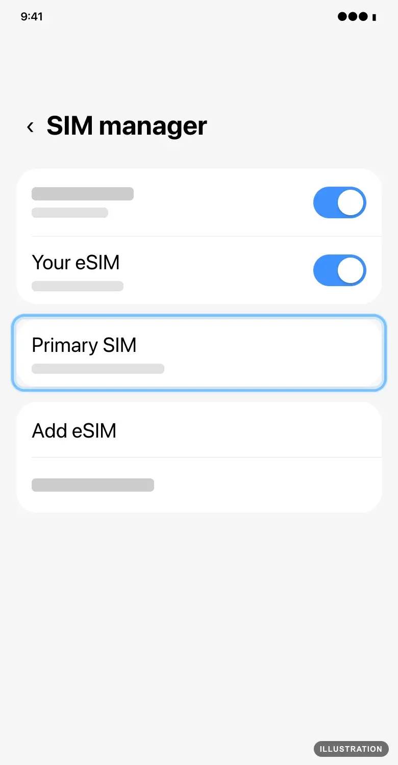 Illustration of the Samsung Galaxy SIM manager with Primary SIM ringed
