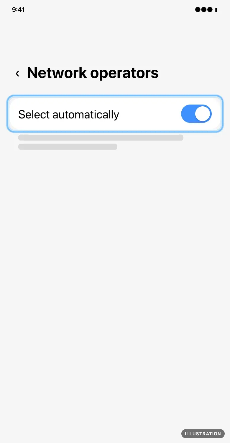 Illustration of the Samsung Galaxy Network operators screen with the Select automatically switch ringed