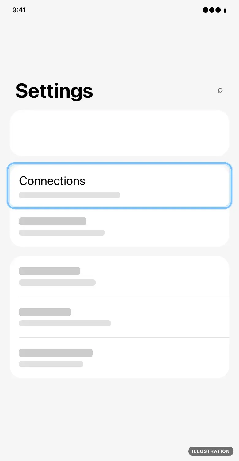 Illustration of the Samsung Galaxy Settings app with Connections ringed