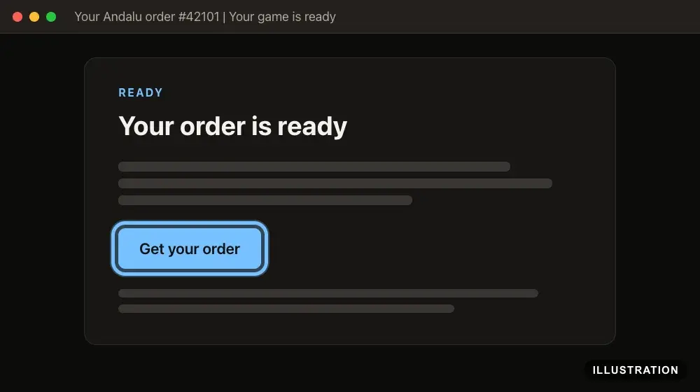 Illustration of the Andalu order email, Your order is ready, with the Get your order button ringed
