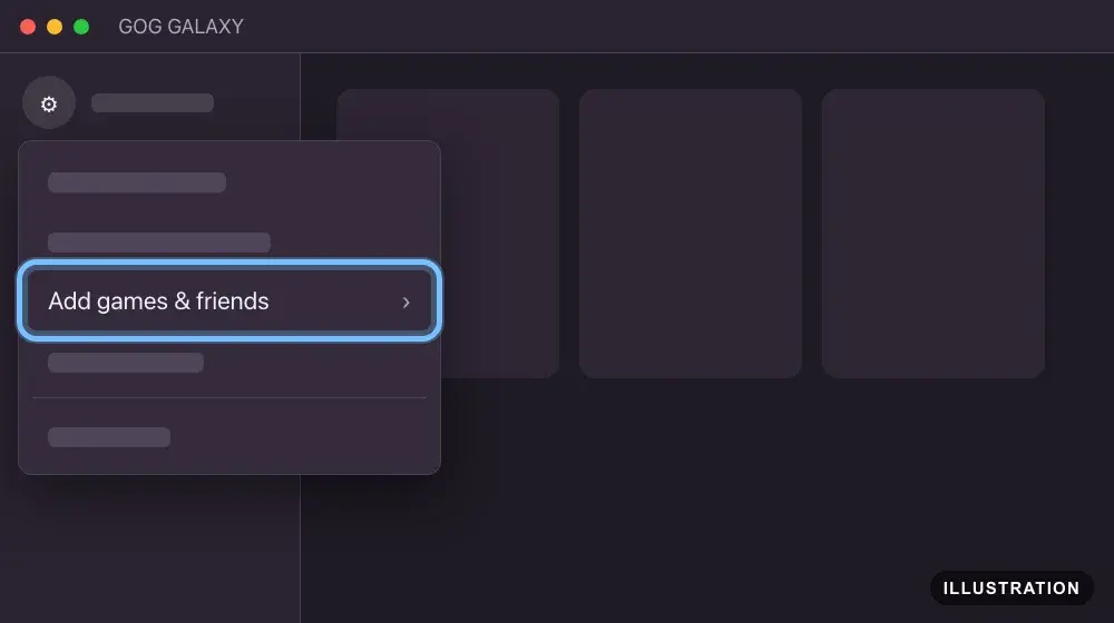 Illustration of GOG GALAXY with the cogwheel menu open at the top left and Add games & friends ringed