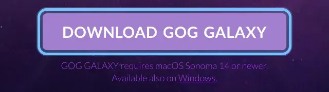The GOG GALAXY page on gog.com with the DOWNLOAD GOG GALAXY button ringed above the system requirement line