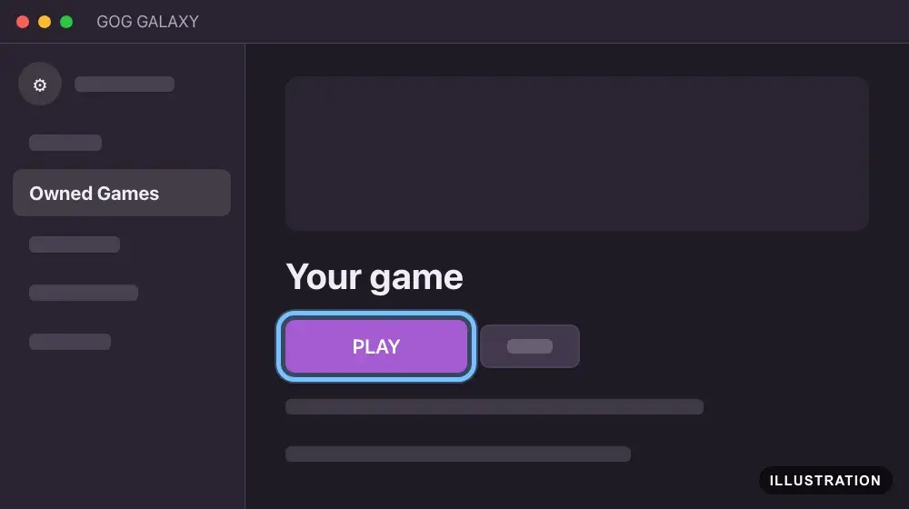 Illustration of GOG GALAXY with the installed game open and the PLAY button ringed