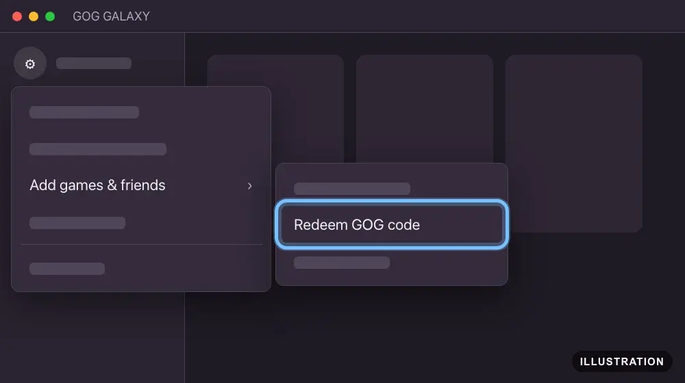 Illustration of GOG GALAXY with the Add games & friends submenu open and Redeem GOG code ringed