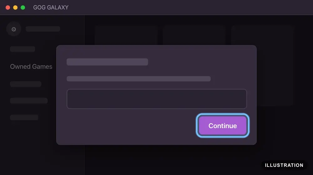 Illustration of the GOG GALAXY redeem window with the code field and the Continue button ringed