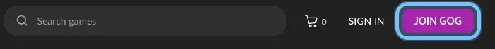 The top bar of gog.com, signed out, with the JOIN GOG button ringed beside SIGN IN