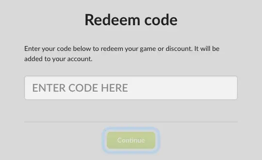 The GOG Redeem code page with the ENTER CODE HERE field and the Continue button ringed