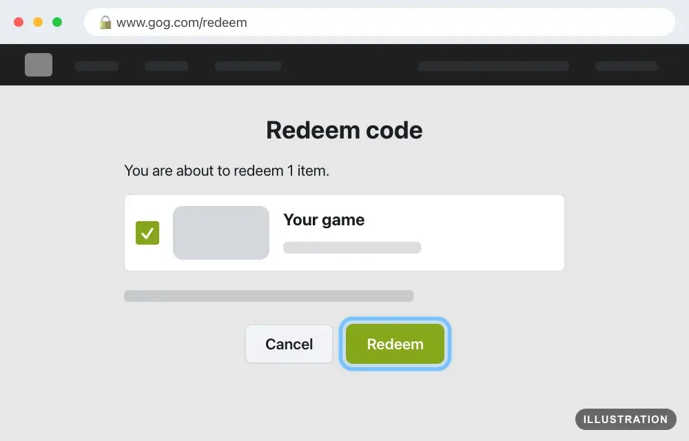 Illustration of the GOG redeem page after Continue, listing what the code adds with a tick box, and the Redeem button ringed
