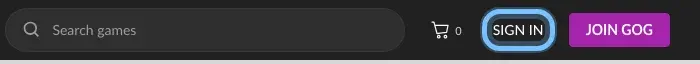 The GOG redeem page's top bar, signed out, with the SIGN IN button ringed