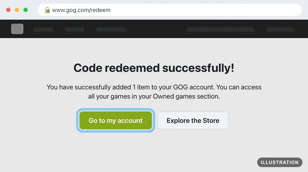 Illustration of the GOG redeem page saying Code redeemed successfully, with the Go to my account button ringed