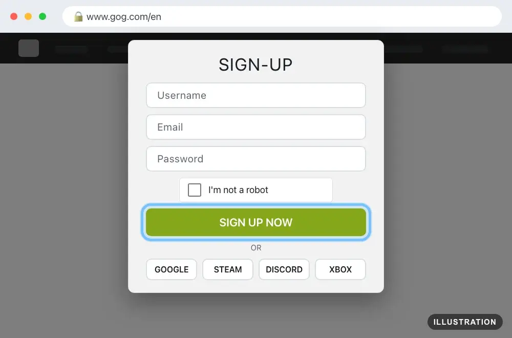 Illustration of the GOG SIGN-UP window with Username, Email and Password fields and the SIGN UP NOW button ringed
