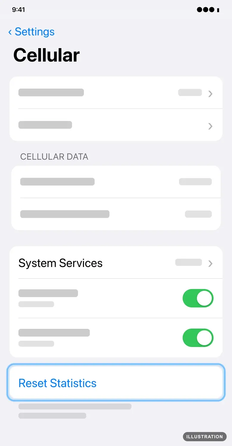 Illustration of the iPhone Cellular screen scrolled to the bottom with Reset Statistics ringed