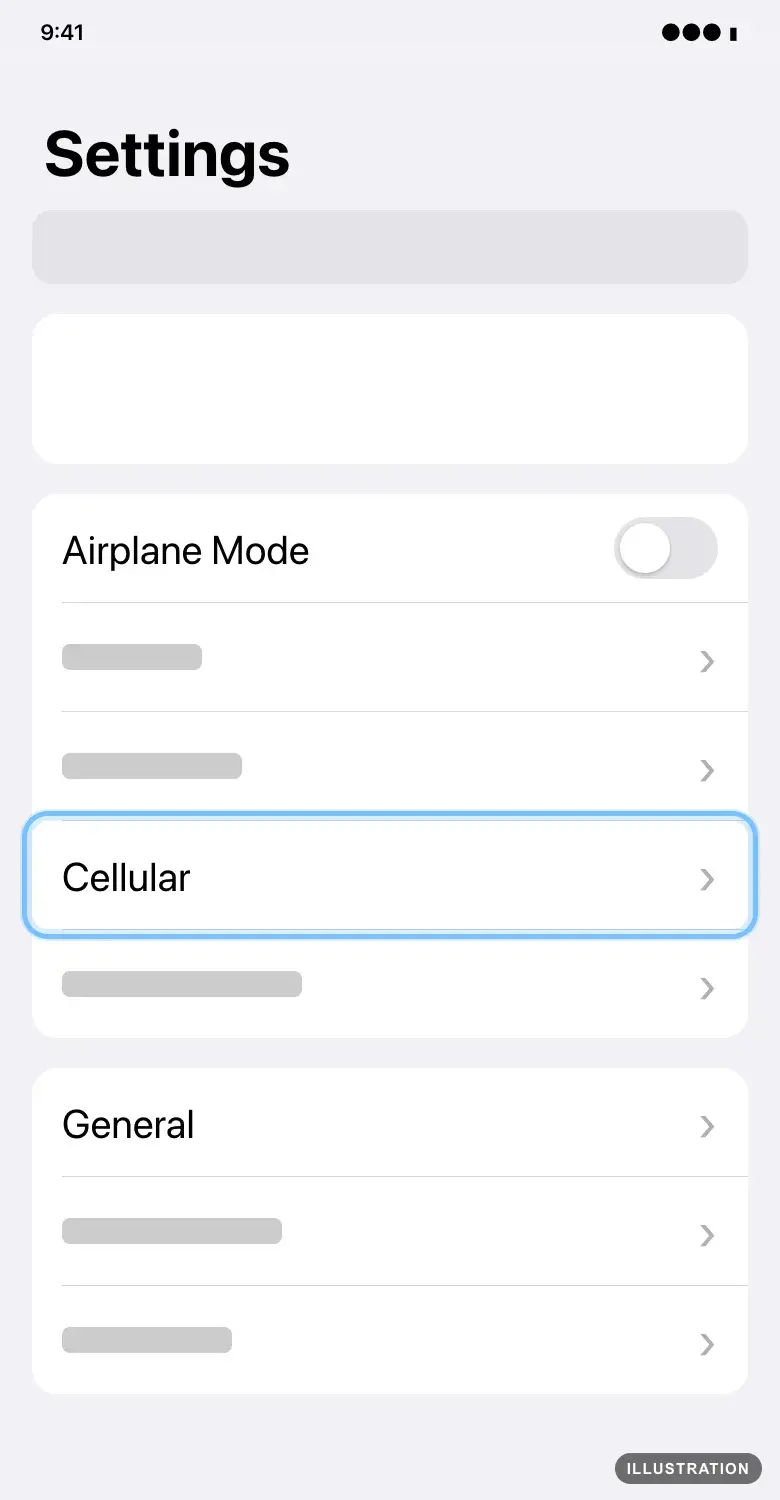 Illustration of the iPhone Settings app with Cellular ringed