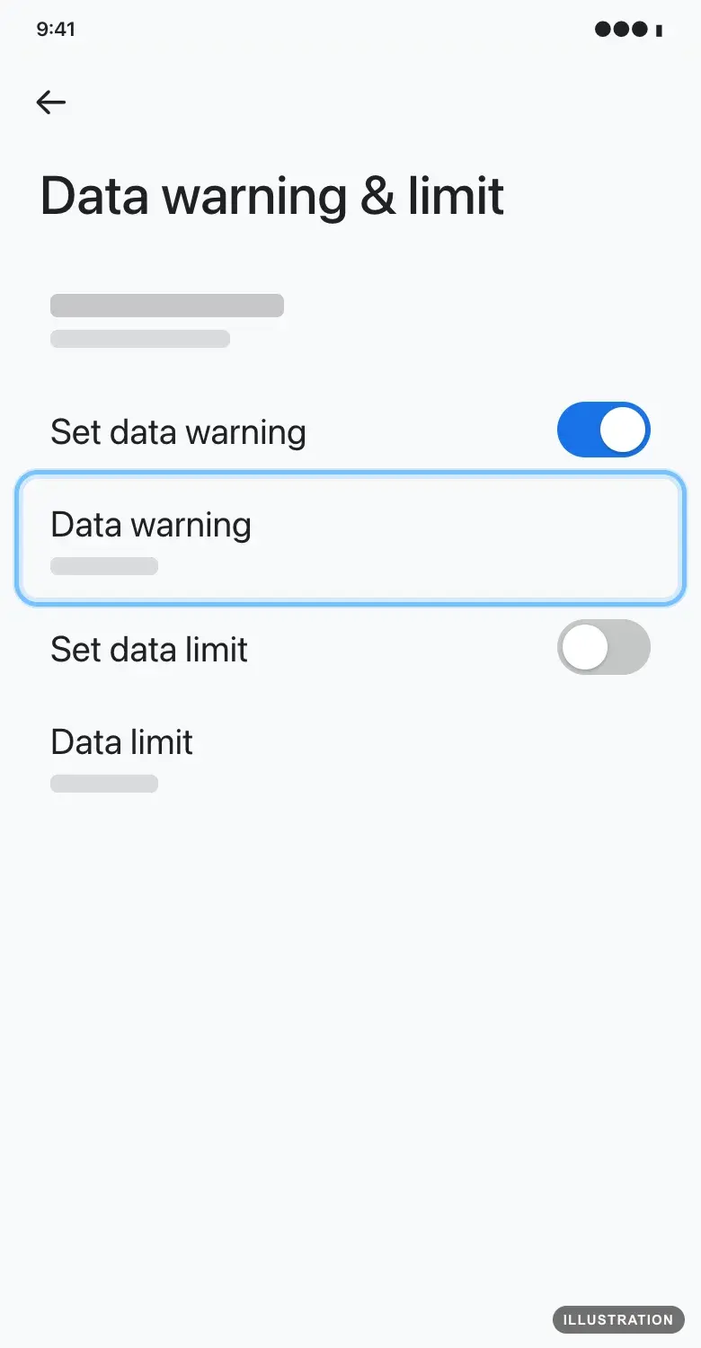 Illustration of the Pixel Data warning & limit screen with Data warning ringed