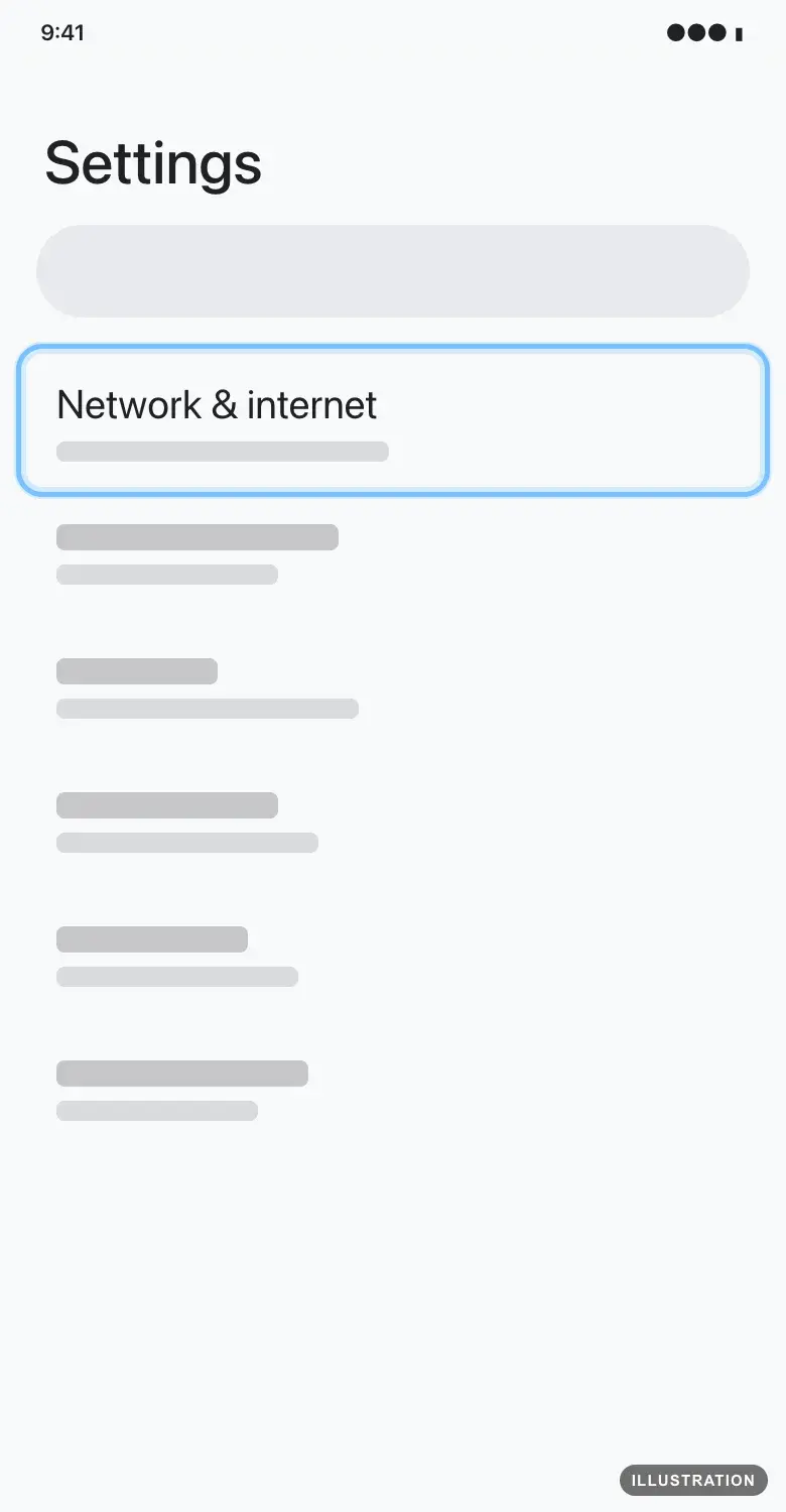 Illustration of the Pixel Settings app with Network & internet ringed