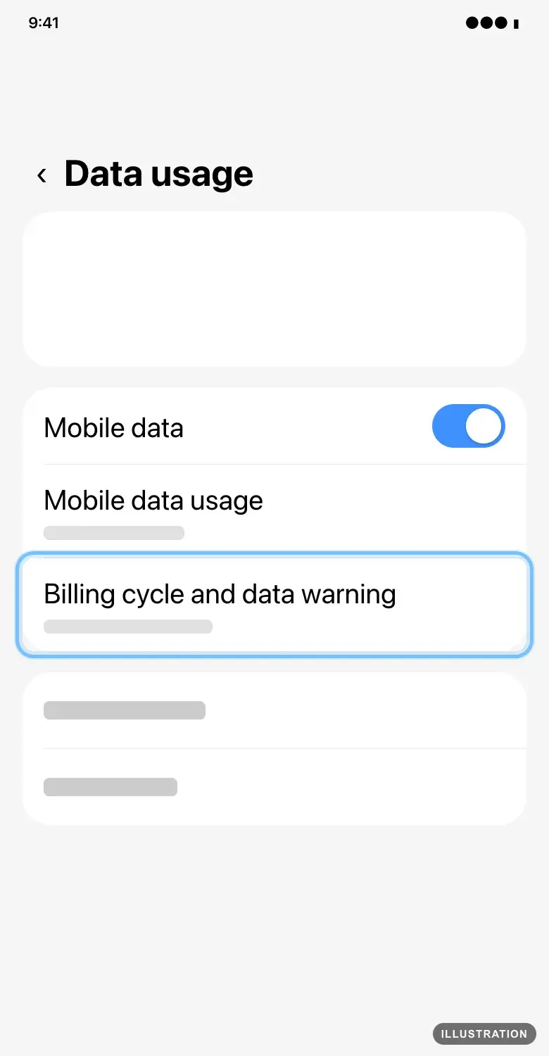 Illustration of the Samsung Galaxy Data usage screen with Billing cycle and data warning ringed
