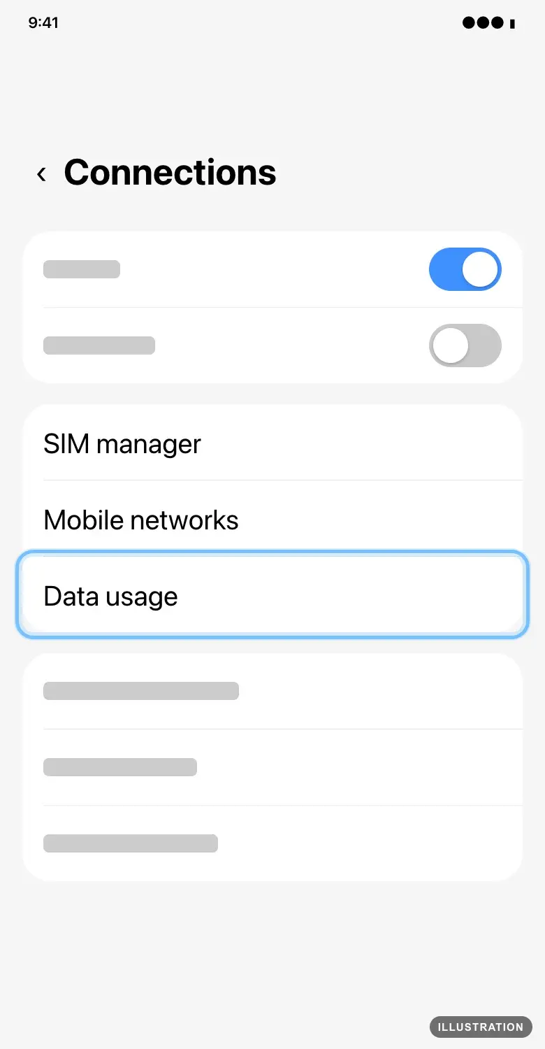 Illustration of the Samsung Galaxy Connections screen with Data usage ringed