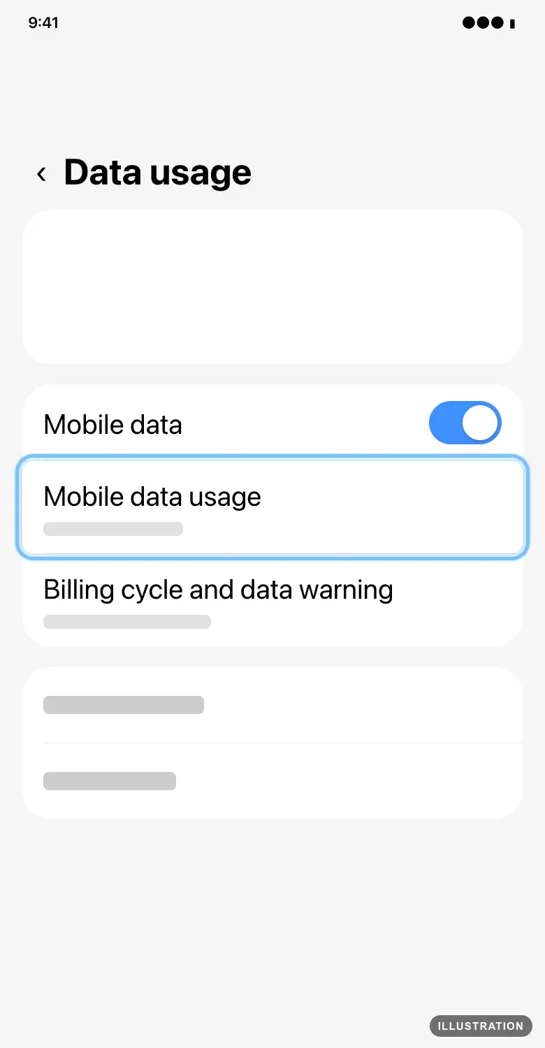Illustration of the Samsung Galaxy Data usage screen with Mobile data usage ringed