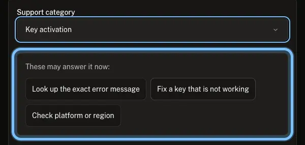 Andalu's contact form with Key activation chosen and the box of quick answers ringed