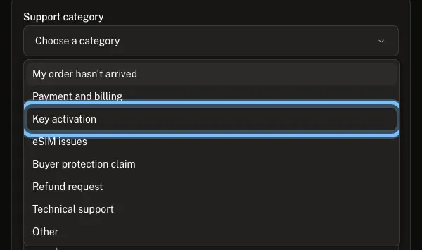 Andalu's contact form with the Support category list open and Key activation ringed