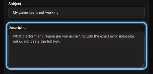 Andalu's contact form with the Description box ringed, showing the example text for key activation issues