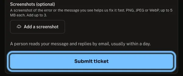 Andalu's contact form with the Submit ticket button ringed