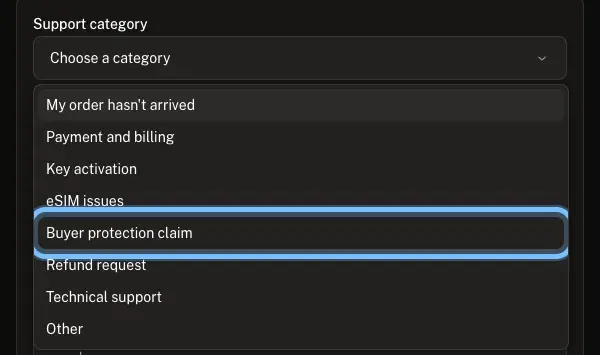 Andalu's contact form with the Support category list open and Buyer protection claim ringed