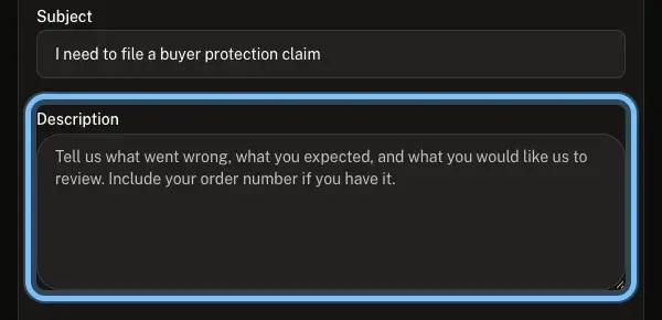 Andalu's claim form with the Description box ringed, showing its example text