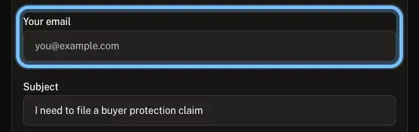Andalu's claim form with the Your email box ringed