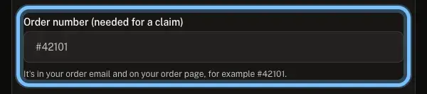 Andalu's claim form with the order box ringed